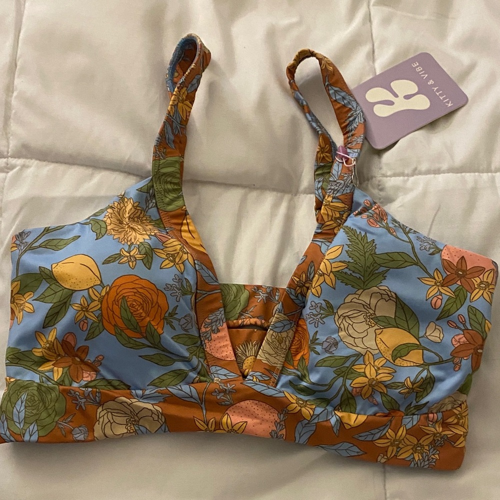 Floral Bikini Top - Blue and Orange